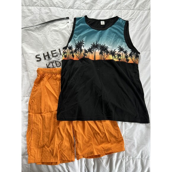 Shein Tween Boy Palm Tree Print Tank Top & Drawstring Shorts 13-14Y - Picture 1 of 7